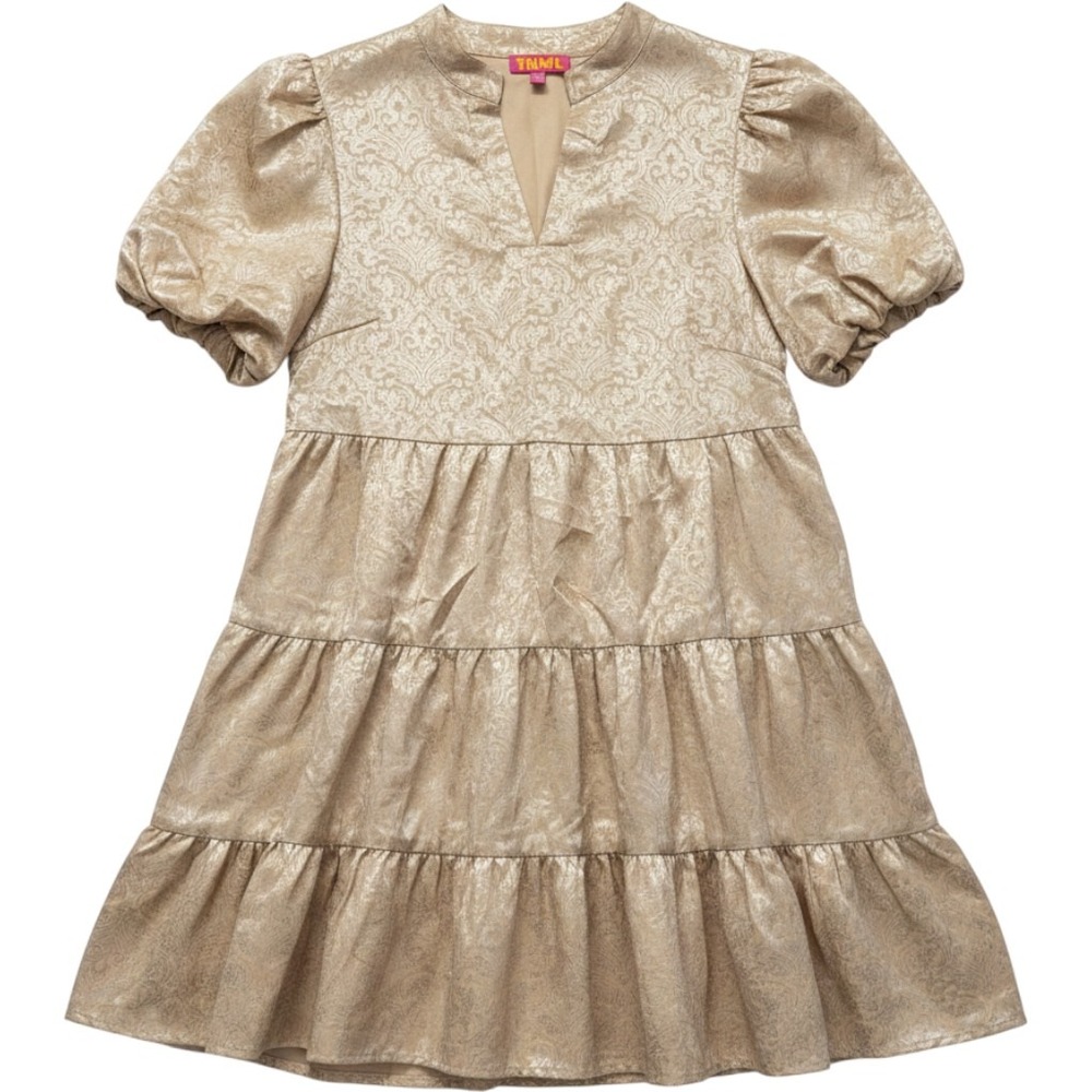 THML Champagne Damask Tiered Puff Sleeve Dress Pockets HOCO Wedding Guest S - Picture 3 of 16